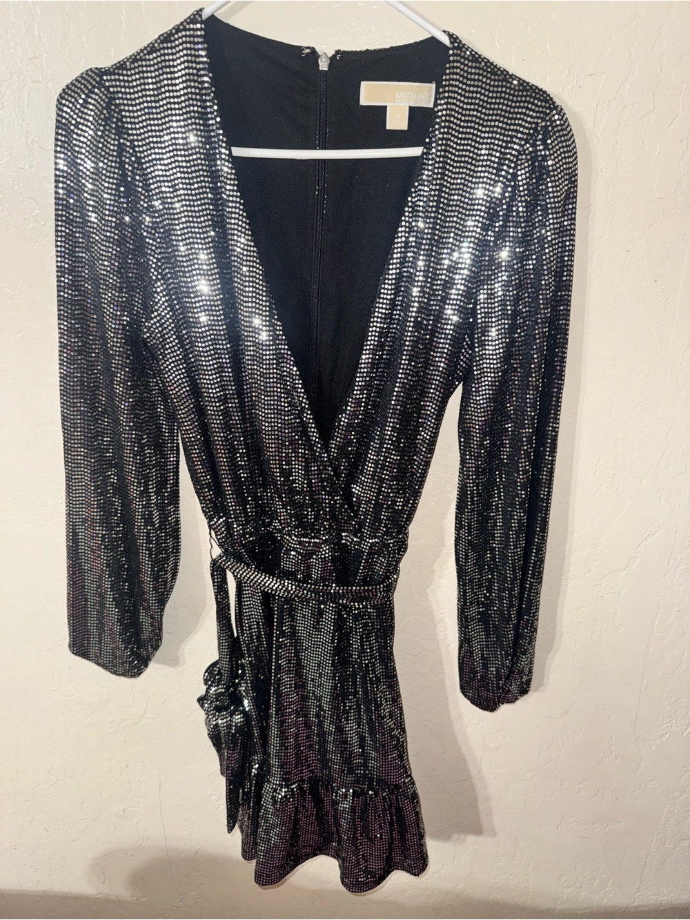 MICHAEL Michael Kors Black Sequin Long Sleeve Wrap Dress